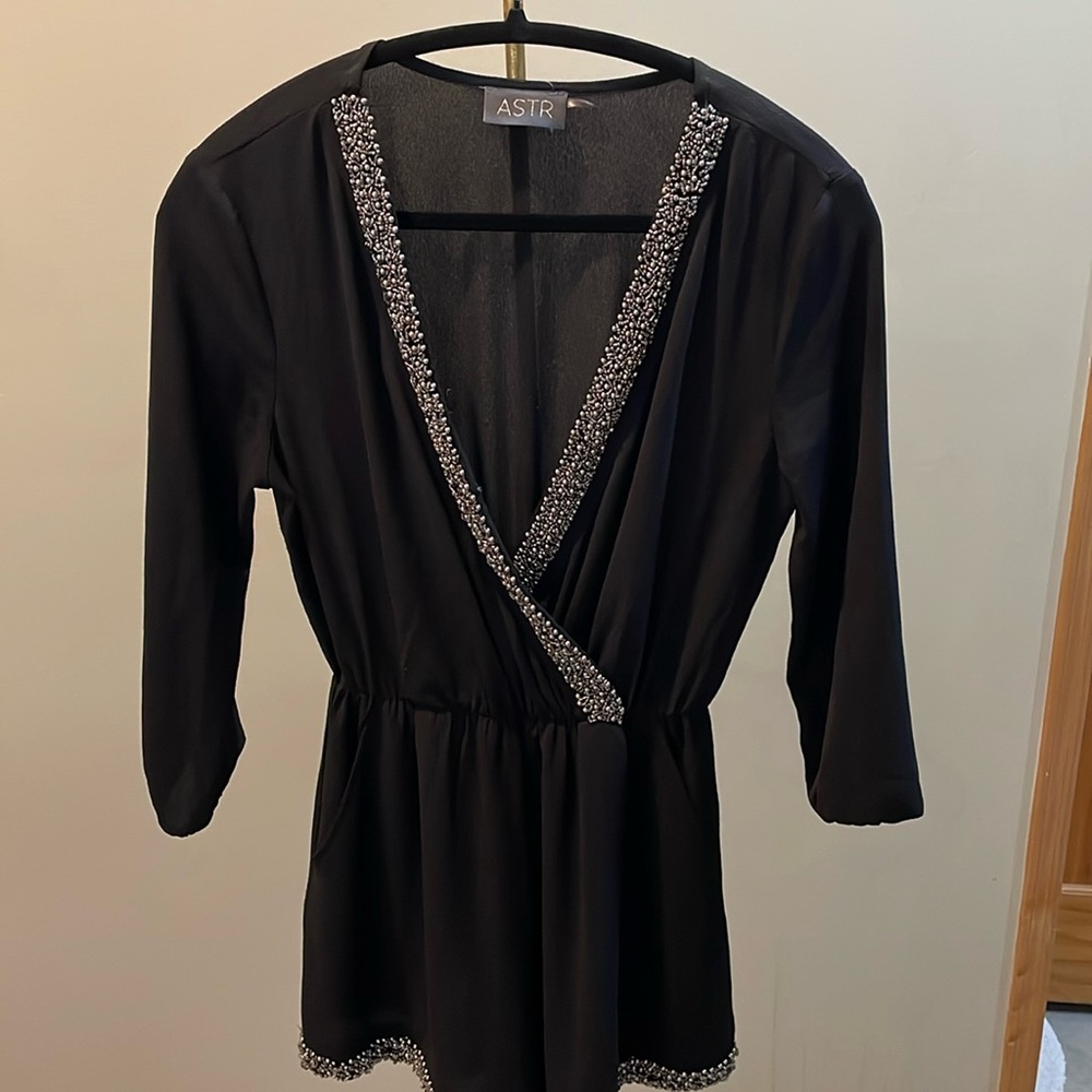 ASTR Beaded long sleeve Dressy Festive Black Romper silver metallic beading XS